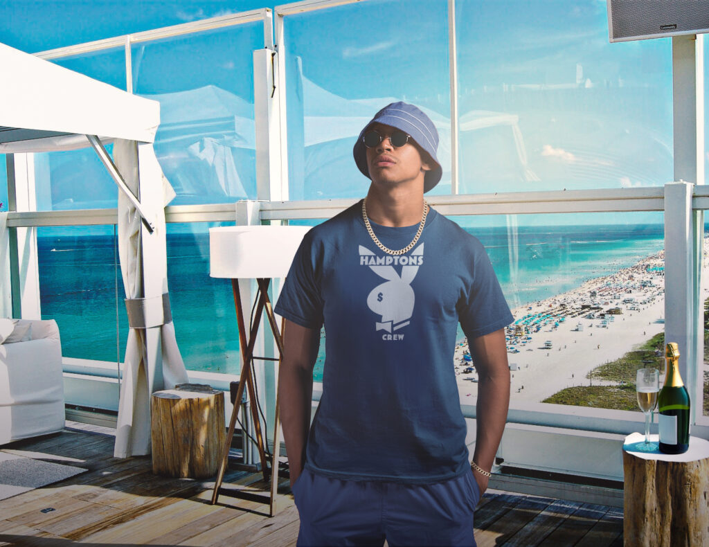 Man wearing streetwear at beach lounge-